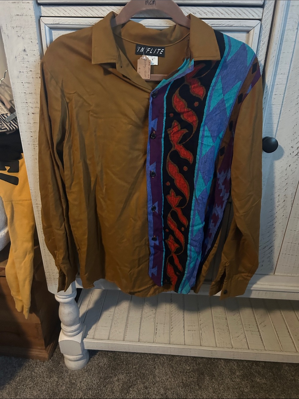 Tan Casual Button-Down Shirt with Multicolor Aztec Panel